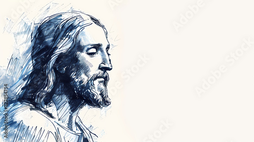 Sketch of Jesus Christ on white background with copy space 