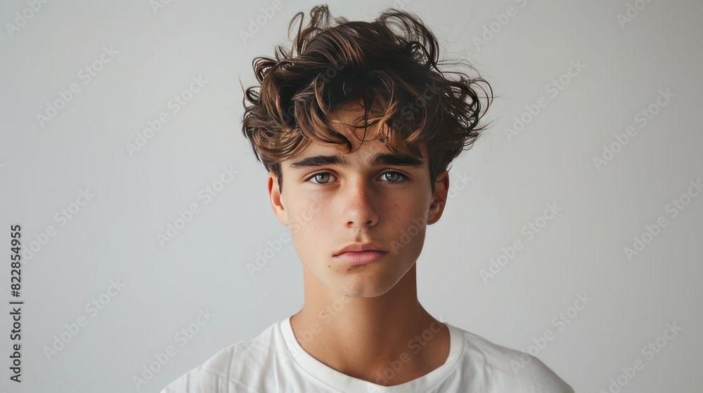 Fototapeta premium The face of a young man with curly hair facing the camera against a plain background.