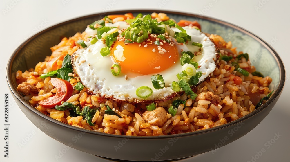 Fried rice topped with sunny side up egg meat and tomato, Generative AI Fried rice topped with sunny side up egg meat and tomato, Generative AI