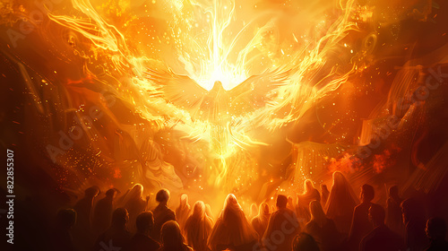 Pentecost. The descent of the Holy Spirit on the followers. People in front of a bright fire with white dove in the sky. Digital painting. photo