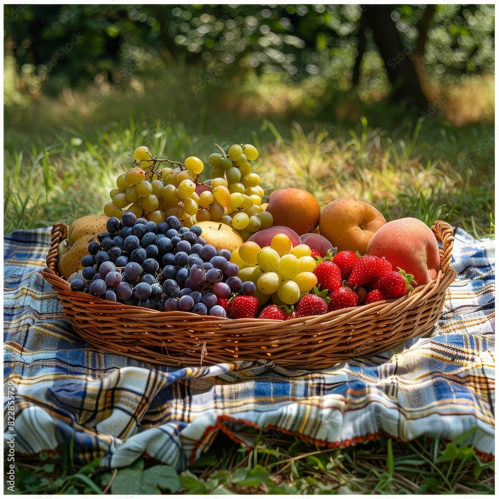 a basket of fruit sitting on a plaid table cloth a basket of fruit sitting on a plaid table cloth