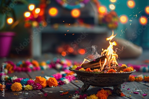 a colorful arrangement of flowers in a brown bowl sits on a wooden table, accompanied by a lit candle and an orange candle the scene is set against a backdrop of a fireplace and a