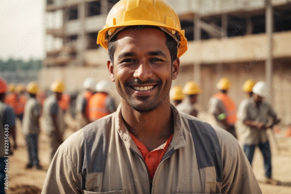 cheerful construction worker wearing hat and safety suit at construction building site cheerful construction worker wearing hat and safety suit at construction building site