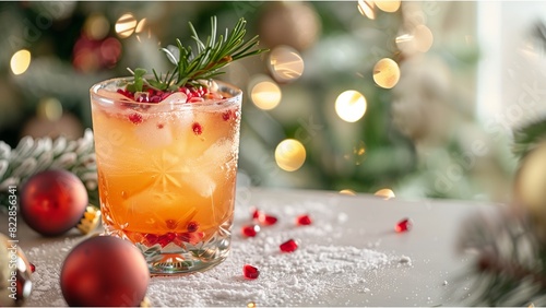a festive holiday drink, possibly a punch or cocktail, in a clear glass. The beverage is an inviting orange color with red pomegranate seeds floating throughout.