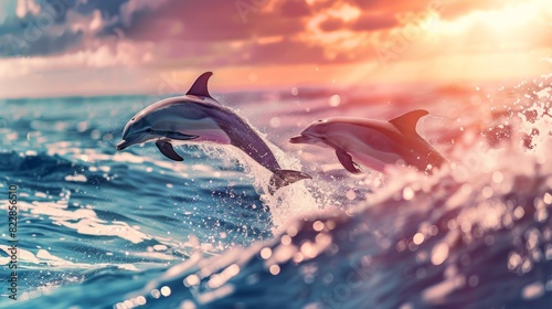 Playful Dolphins Leaping in Pink Sunset Ocean