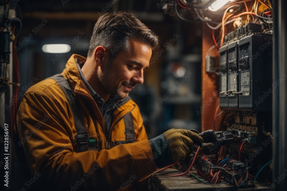 Male electrician maintaining and repairing electricity meter problem