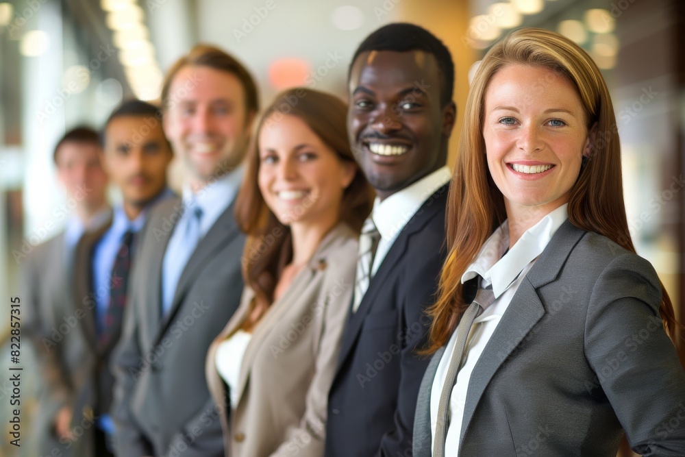 Group of smiling business people standing in a row in a modern office Group of smiling business people standing in a row in a modern office