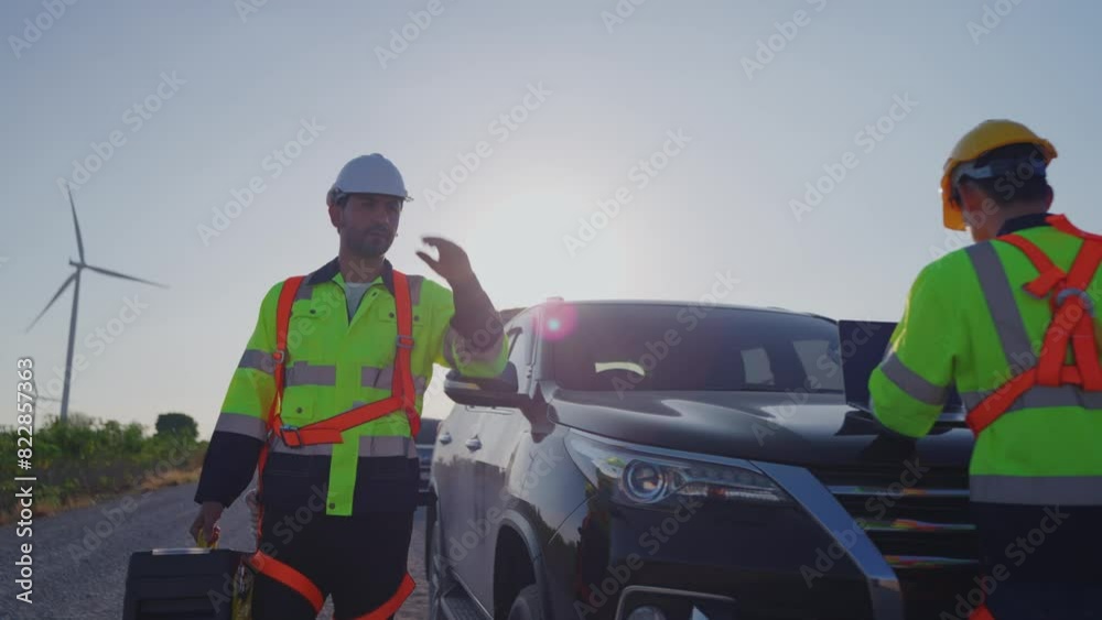 Caucasian male technician walking outdoors in the wind turbines field. Caucasian male technician walking outdoors in the wind turbines field.