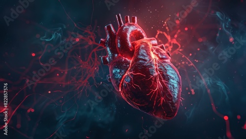 Human heart anatomy in 3d illustration on a dark background for medical and science concept photo