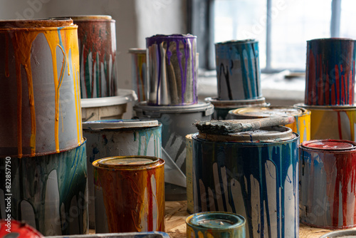 Paint Cans. Used cans of colored paint. Oil-based enamel, lacquer, shellac and varnish leftovers. Household Hazardous Waste