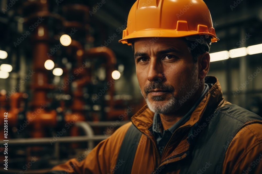 Worker supervisor wearing hat and safety suit at district factory control pipe quality and inspection Worker supervisor wearing hat and safety suit at district factory control pipe quality and inspection