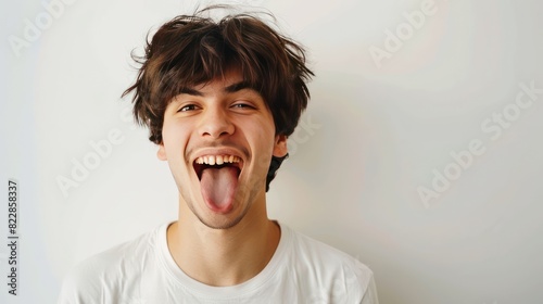 Close up view of a teenage boy with curly hair sticking out his tongue  isolated on a plain gray background.