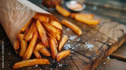 French fries in the package on the wood chopping block with sunshin   photo