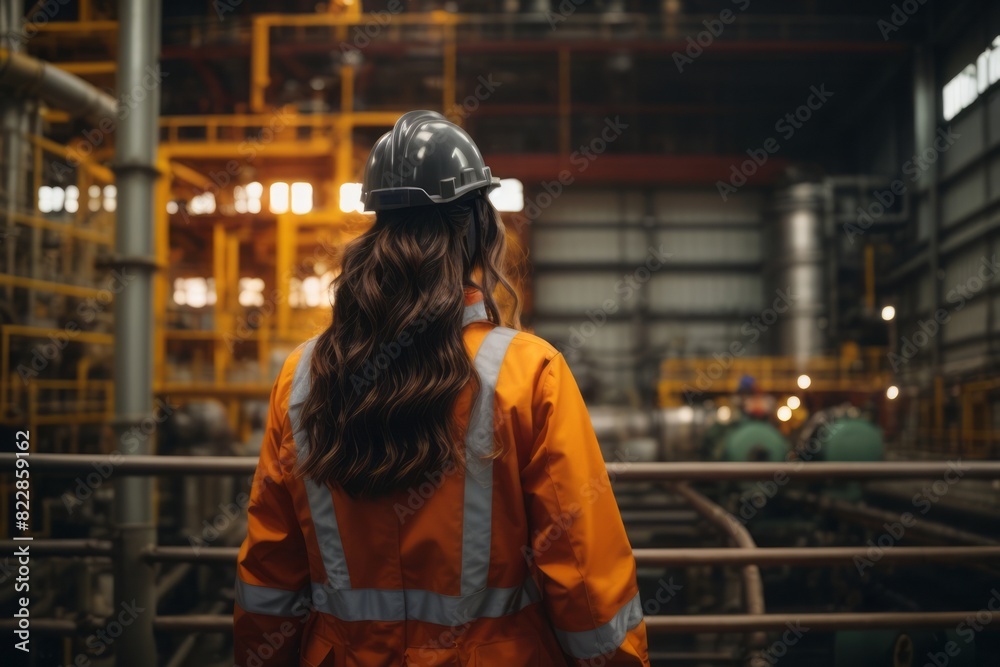 Engineering woman worker wearing safety suit at oil and gas refinery factory, back view Engineering woman worker wearing safety suit at oil and gas refinery factory, back view