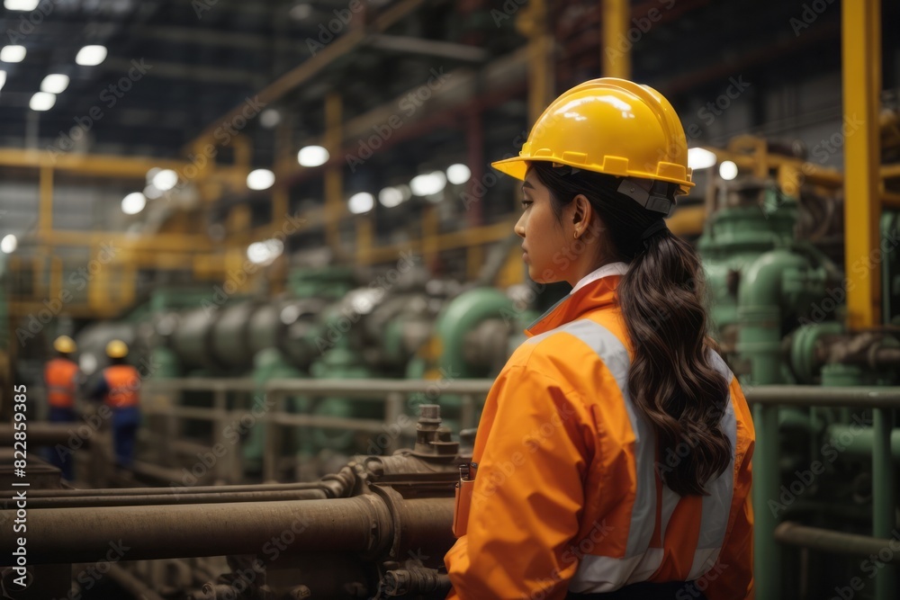Engineering woman worker wearing safety suit at oil and gas refinery factory, back view