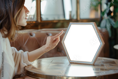 Woman in a cafe points to a hexagonal digital frame on a small table. photo