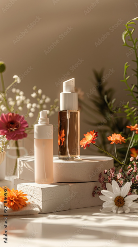 Two cosmetic spray bottles on white pedestals amidst vibrant flowers and greenery, highlighted by soft, natural light suggesting a serene skincare setting. Two cosmetic spray bottles on white pedestals amidst vibrant flowers and greenery, highlighted by soft, natural light suggesting a serene skincare setting.