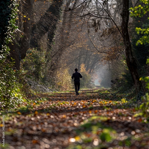 a person walking down a path in the woods photo