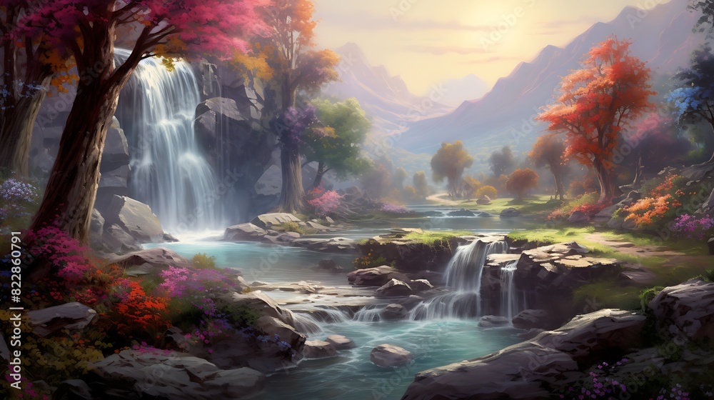 A picturesque waterfall nestled in a tranquil valley, surrounded by vibrant wildflowers.