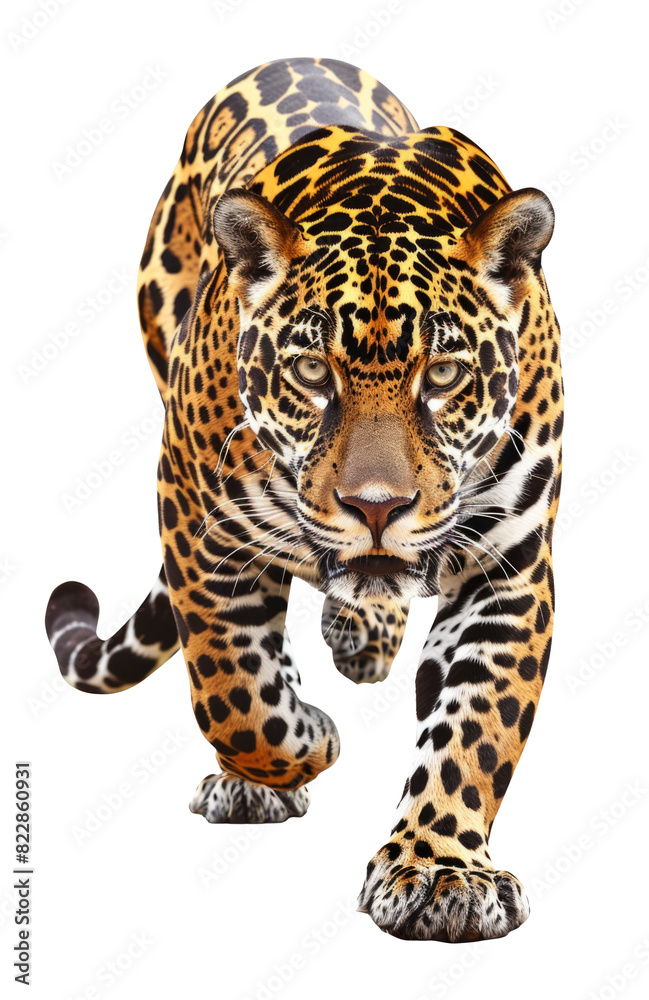 Naklejka premium Jaguar, Panther, front view, isolated on white, shadow. The same over black