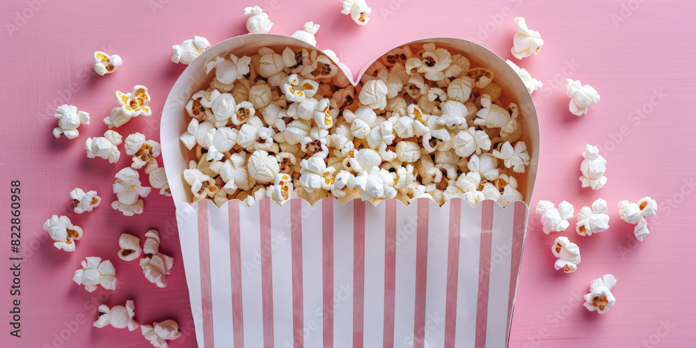 A heart-shaped container filled with popcorn, with additional popcorn scattered around, on a pink background, perfect for a romantic movie night. A heart-shaped container filled with popcorn, with additional popcorn scattered around, on a pink background, perfect for a romantic movie night.