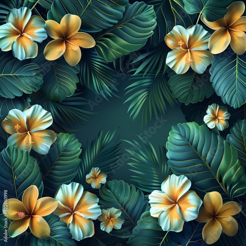 A tropical backdrop with blooming flowers and green foliage.