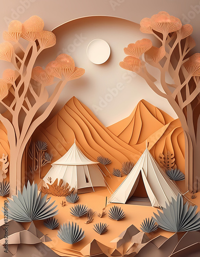 camping background, tent with mountain landscape, outdoor, adventure art, paper cut style photo