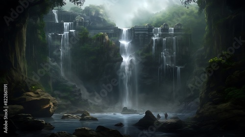 A mystical waterfall shrouded in mist and legend, with a few ancient artifacts scattered about. #822861191