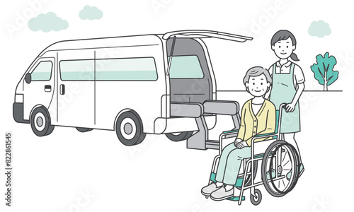 介護施設に送迎される高齢女性と介護士と福祉車両のイラスト