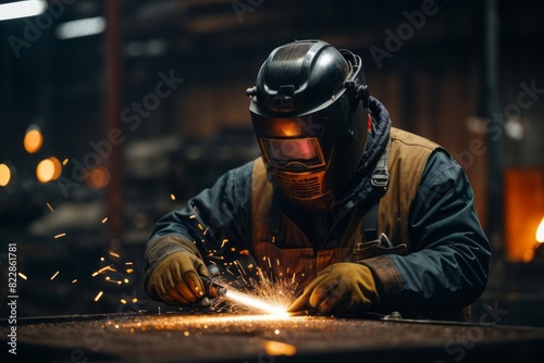 welder is welding metal with safety suit in factory industry