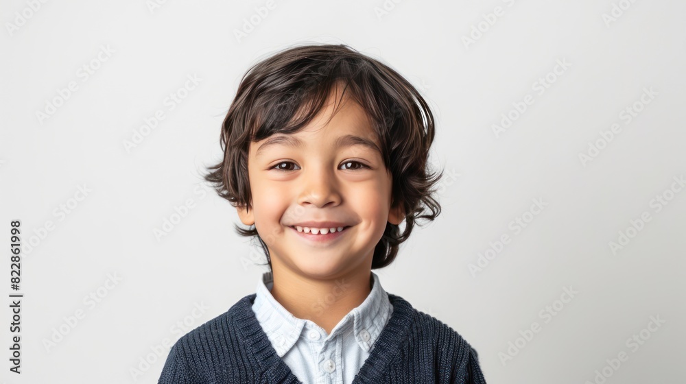 Close up of boy's face head with smiling expression on white background. Close up of boy's face head with smiling expression on white background.