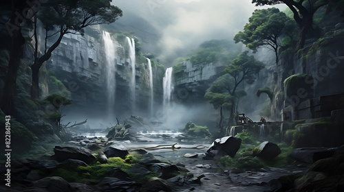 A mystical waterfall shrouded in mist and legend, with a few ancient artifacts scattered about. photo
