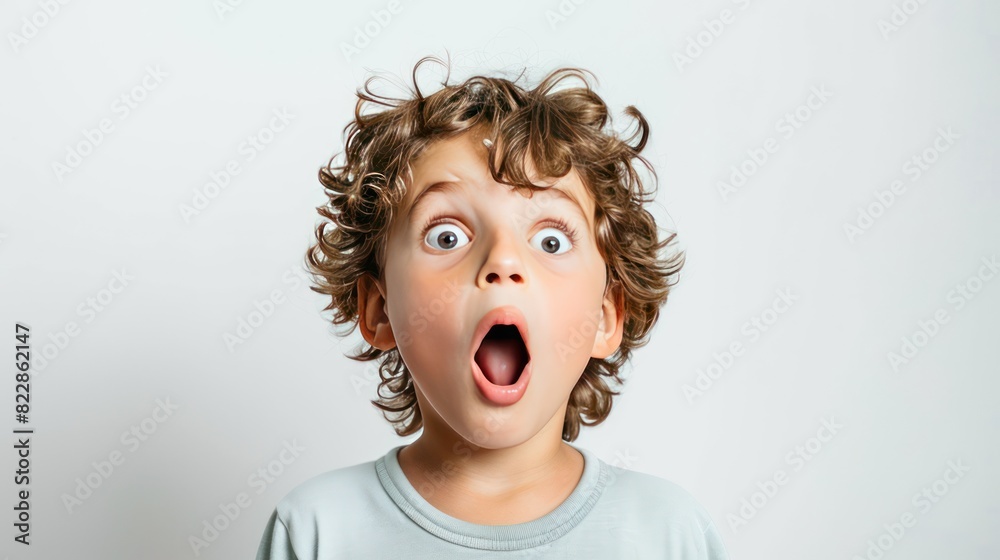 Close up of a boy with a surprised expression wide eyes and open mouth, isolated on a white background. Close up of a boy with a surprised expression wide eyes and open mouth, isolated on a white background.