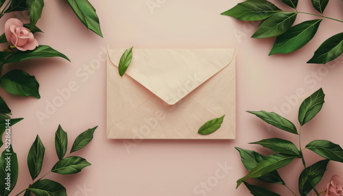 A closed envelope surrounded by green leaves against a pale pink background, conveying a sense of nature-inspired correspondence or an invitation. photo