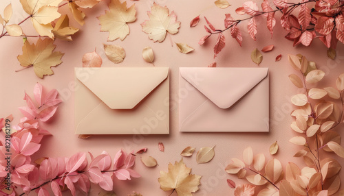 Two closed pastel envelopes surrounded by an assortment of delicate pink and beige autumn leaves on a matching pastel background. photo