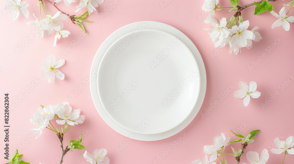 An empty white plate on a pink background surrounded by delicate white cherry blossom flowers, creating a serene and spring-inspired tabletop arrangement. An empty white plate on a pink background surrounded by delicate white cherry blossom flowers, creating a serene and spring-inspired tabletop arrangement.