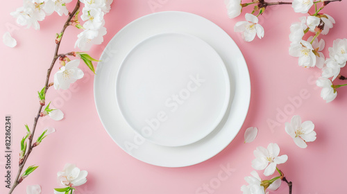 A white empty plate on a pink background surrounded by delicate white cherry blossom branches, creating an elegant and serene dining concept.