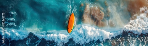Drone Shot of Surfing Seascape: Epic Waves and Panoramic View of Ocean, Beach, and Coastline for Summer Vacation and Sport Travel Background photo
