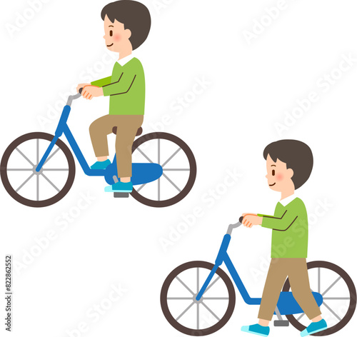 自転車に乗った男性と自転車を押して歩く男性