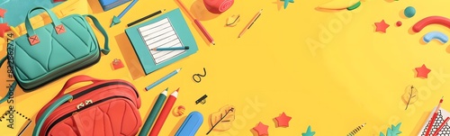 School supplies and pencil case. Back to school concept on yellow background photo