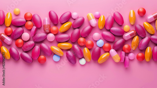 An assortment of colorful pills and capsules scattered across a pink surface, presenting a variety of shapes and sizes in pharmaceutical medications. photo