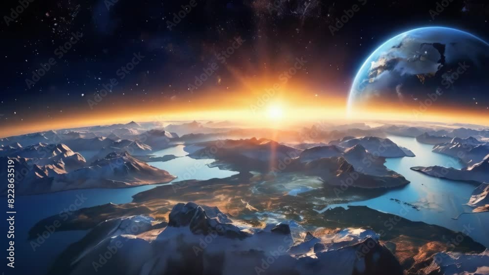 Stunning Sunrise Over Icy Mountain Landscape from Space
Stunning Sunrise Over Icy Mountain Landscape from Space