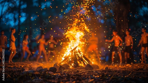 Energetic night dance around a vivid bonfire with blurred figures