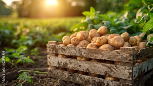 Organic potatoes in a crate with countryside field