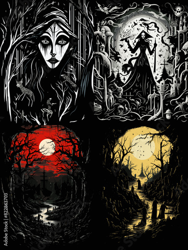 Dark fairytale-inspired horror art with eerie gothic characters, haunted forests, and mystical moonlit landscapes. Sinister fantasy scenes with haunting shadows and supernatural elements.