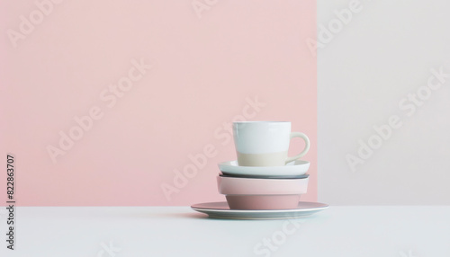 A stack of clean dishes with a mug on top  set against a soft pink and white background  a minimalist and serene kitchen setting.