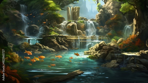 A peaceful waterfall flowing gently into a serene river, with a few fish swimming lazily. #822863727