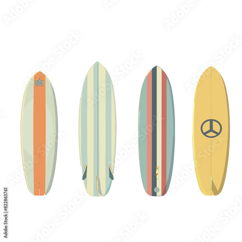 various surfboards with unique artwork displayed