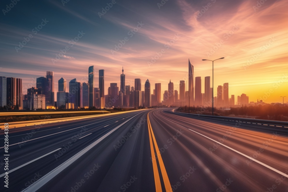 Asphalt road highway with city skyline background at sunset Asphalt road highway with city skyline background at sunset