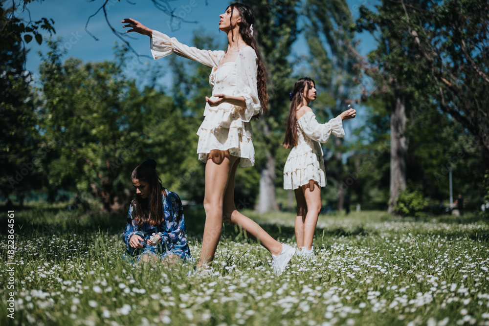 Fototapeta premium Three young girls experiencing joy and tranquility in a sunny park, surrounded by flowers and nature on a beautiful day.